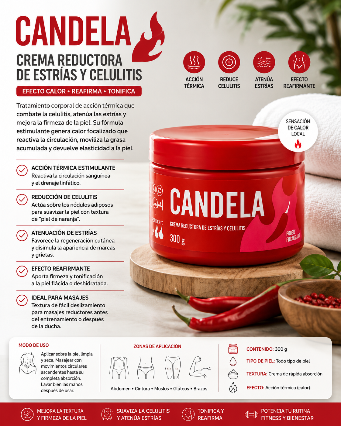 Crema Reductora de Celulitis y Estrías con Efecto Calor – CANDELA 300g